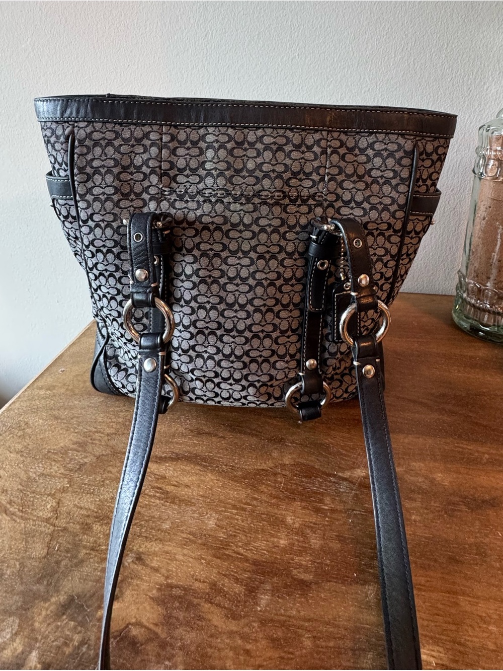 Coach Signature Pattern Black and Gray Tote with Leather Trim